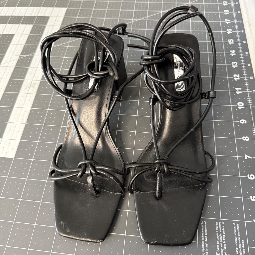 Y2K Black Square Toe Strappy Lace Up Block Heel Sandals Size 7 Club Baddie Goth